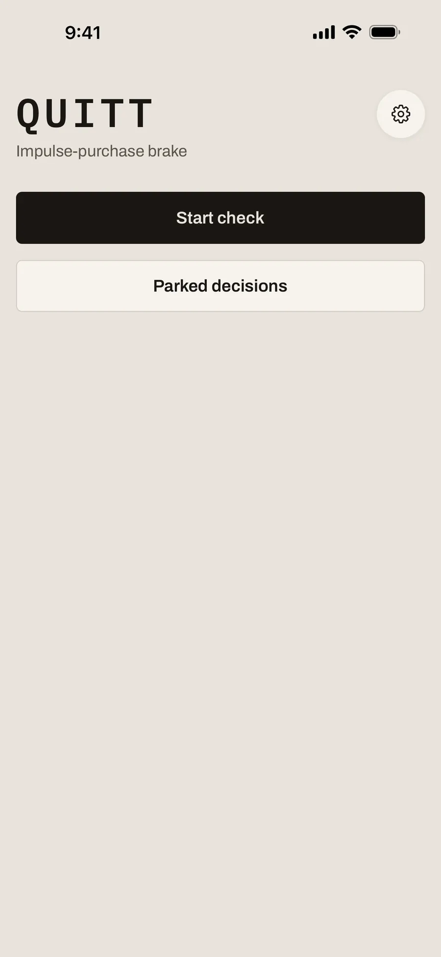 App home screen with the Quitt wordmark and the buttons “Start check” and “Parked decisions”.