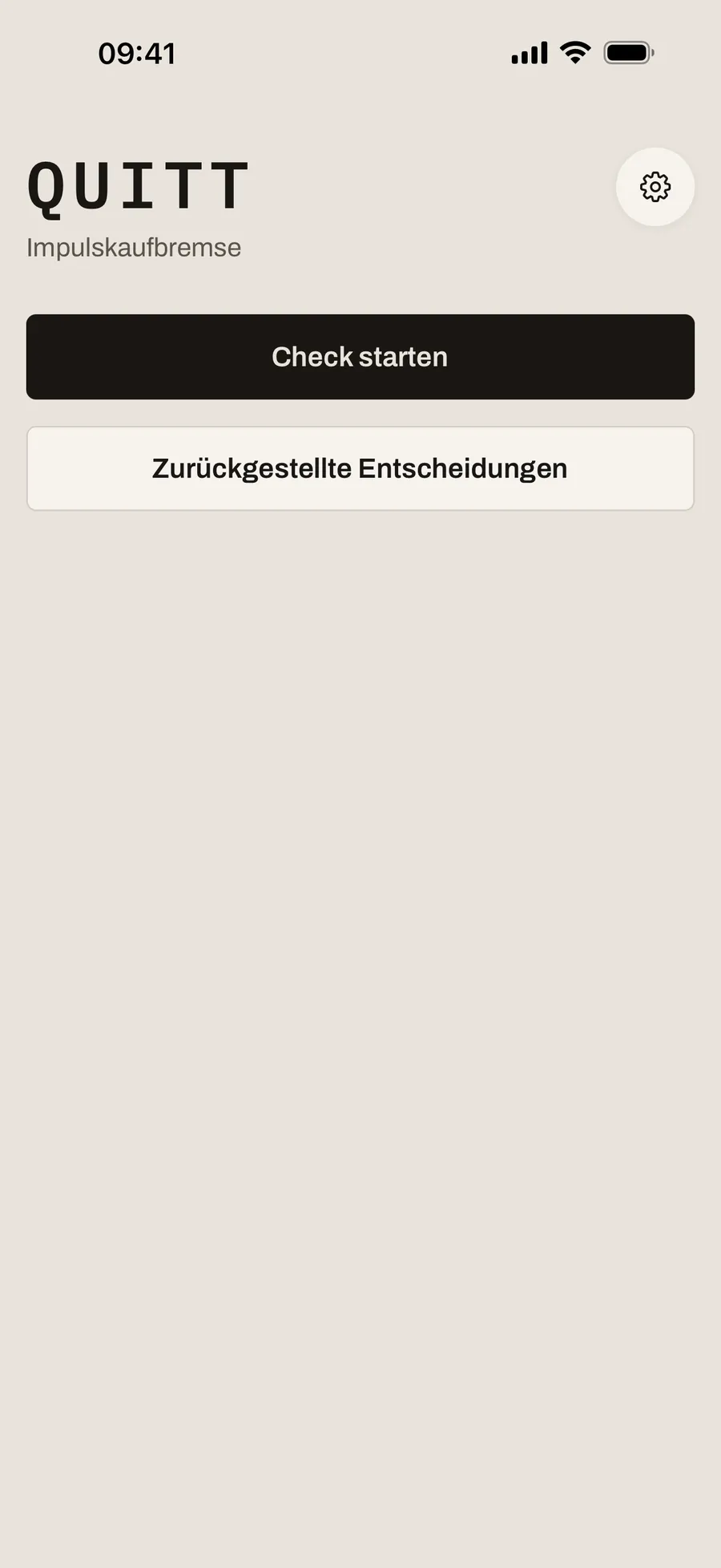 Startbildschirm der App mit dem Wortzeichen Quitt und den Schaltflächen „Check starten“ und „Zurückgestellte Entscheidungen“.
