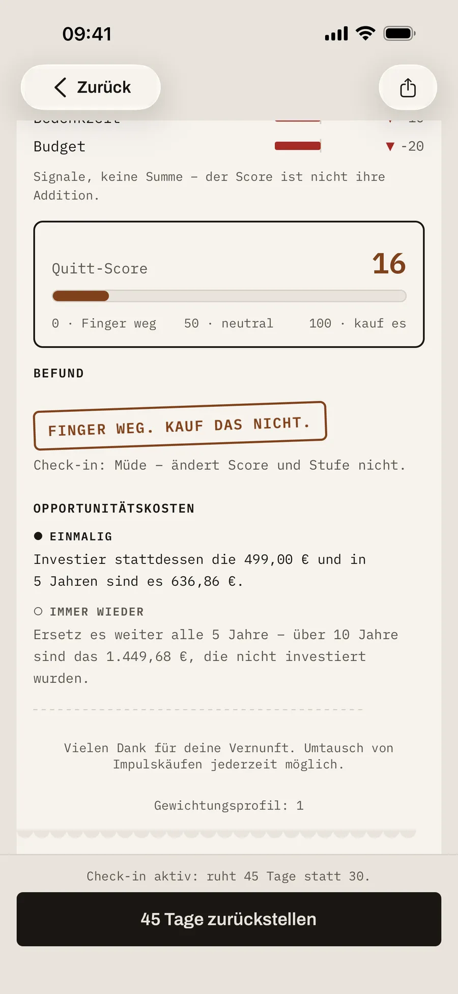 Bon mit dem Quitt-Score 16, einem Balken auf der Skala von 0 bis 100 und dem gestempelten Befund „Finger weg. Kauf das nicht.“
