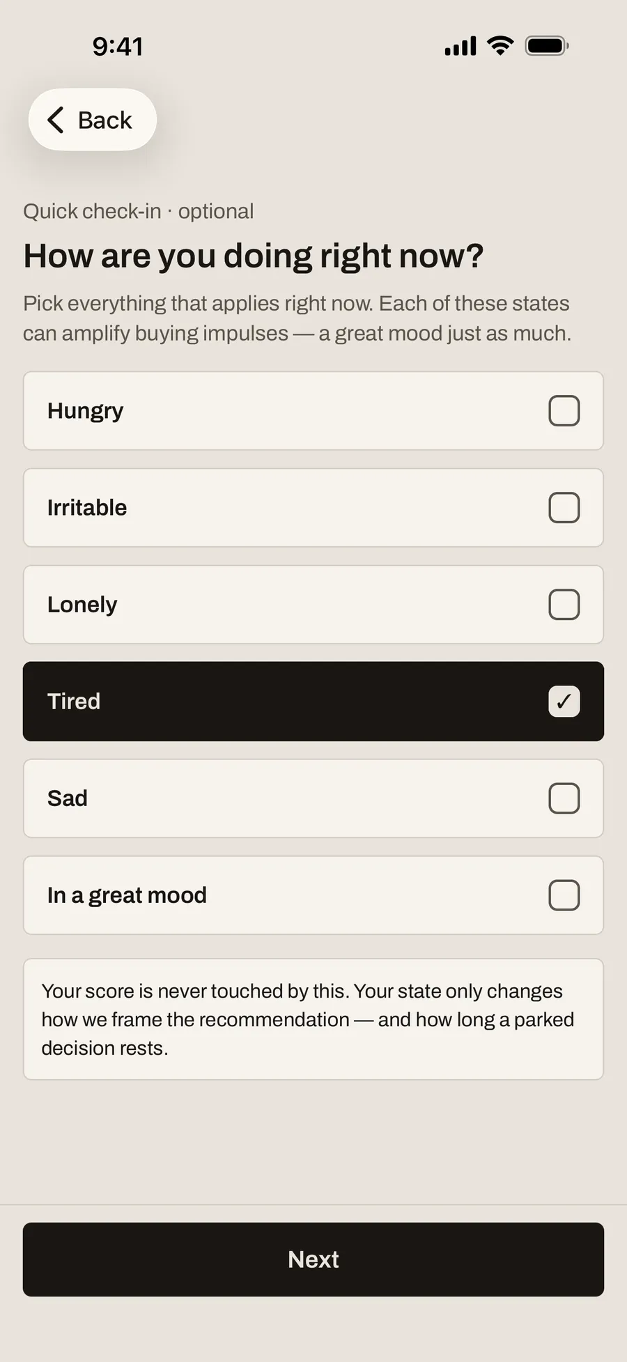 Optional check-in with selectable states from hungry to in a good mood; “Tired” is selected.