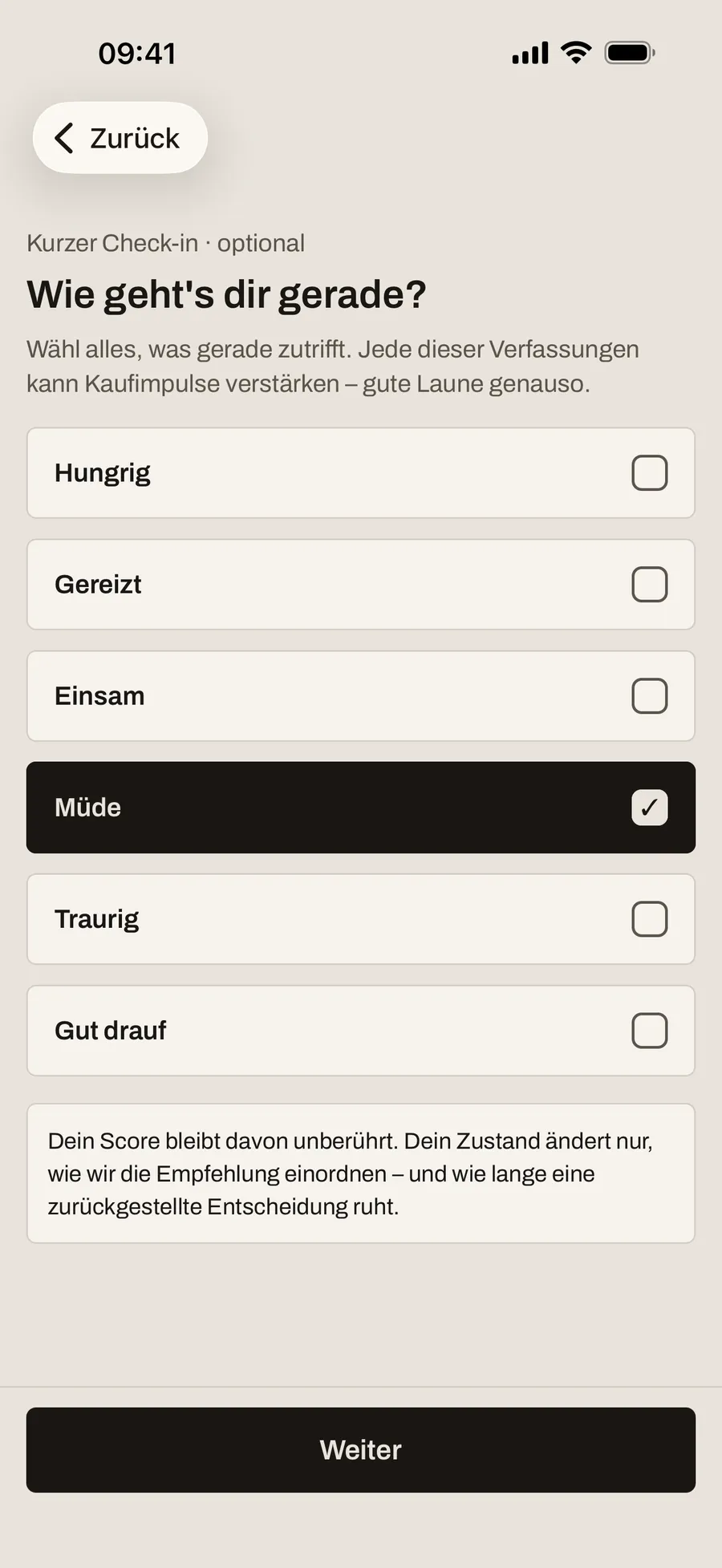 Optionaler Check-in mit auswählbaren Verfassungen von hungrig bis gut drauf; „Müde“ ist markiert.