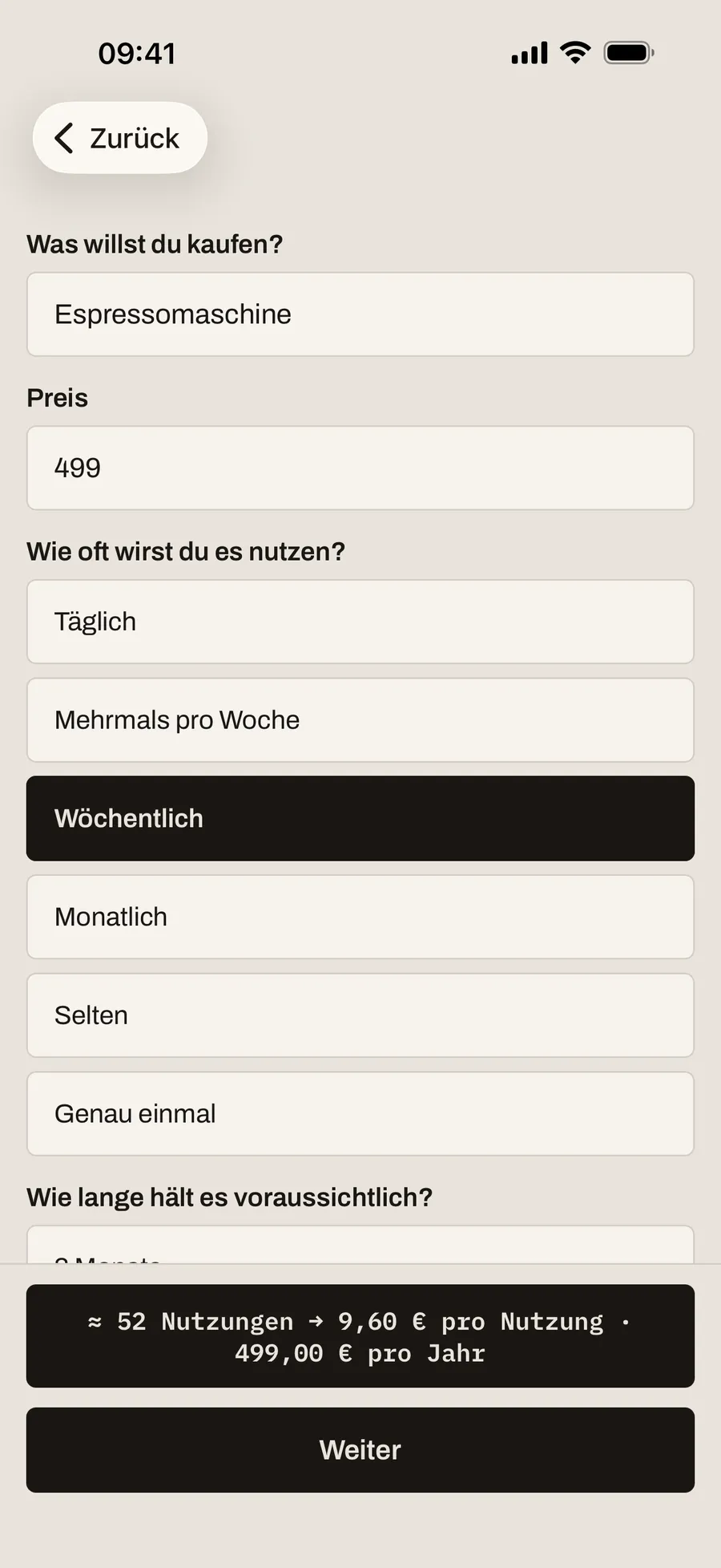 Eingabeformular mit Produktname, Preis und Nutzungshäufigkeit; unten die laufende Rechnung mit Kosten pro Nutzung und pro Jahr.