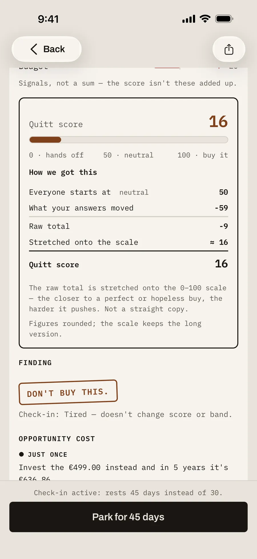 The expanded calculation on the receipt: the neutral starting value of 50, the movement from the answers, the raw value and the score stretched onto the scale.