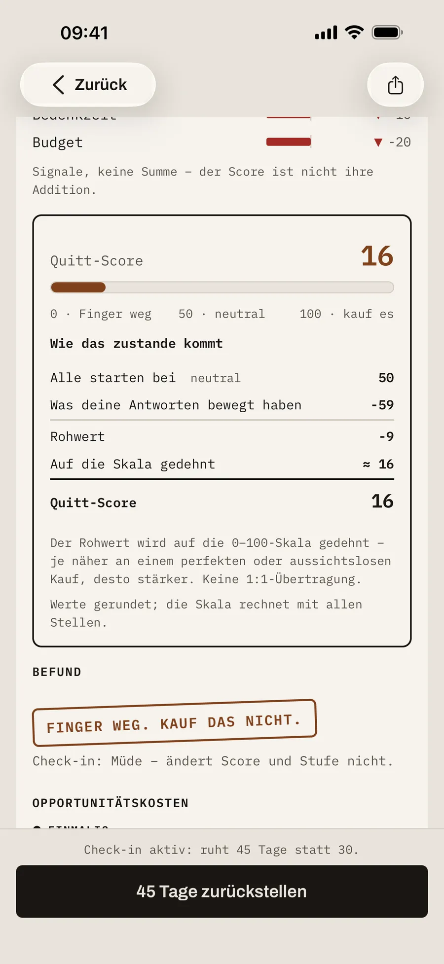 Aufgeklappter Rechenweg auf dem Bon: Startwert 50, die Bewegung durch die Antworten, der Rohwert und der auf die Skala gedehnte Score.
