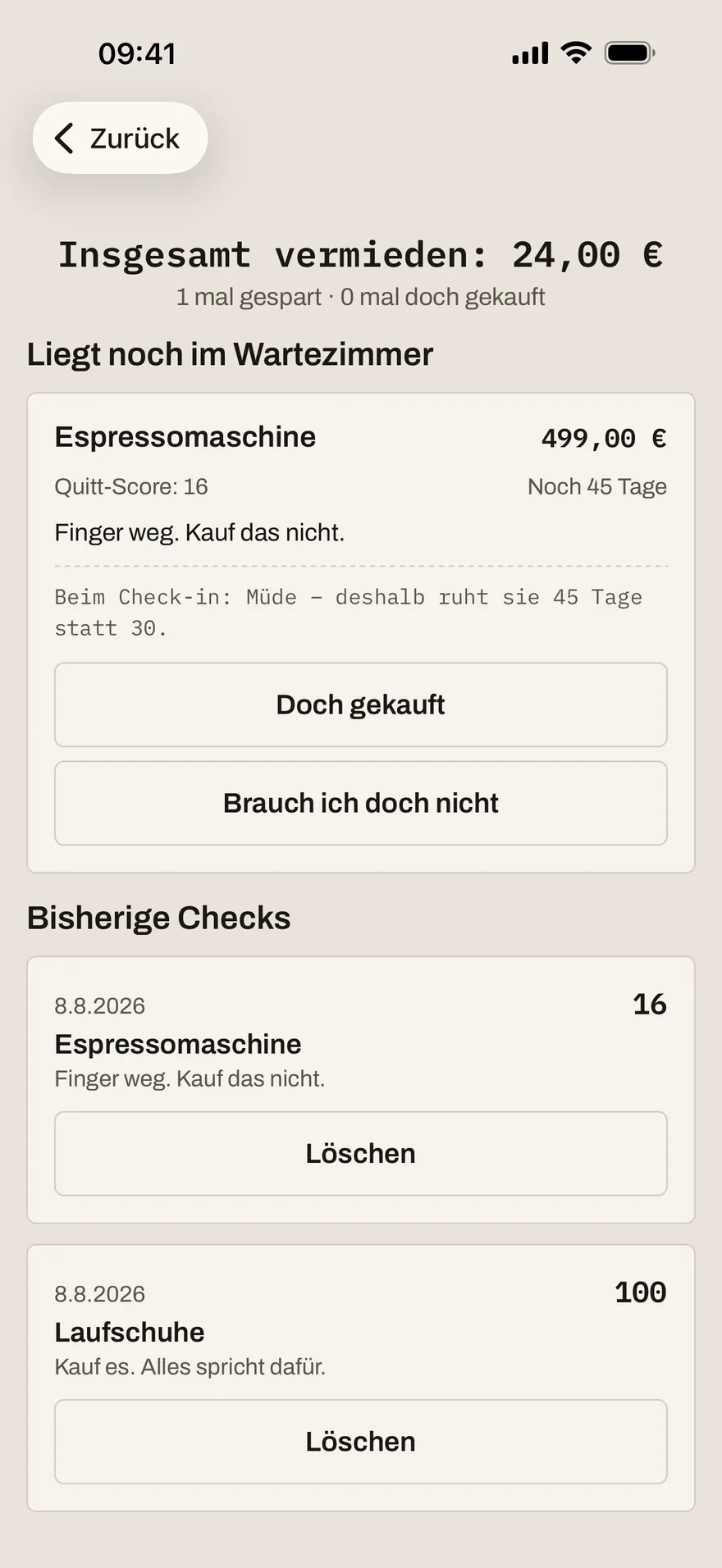 Archivliste mit dem insgesamt vermiedenen Betrag, einer noch ruhenden Entscheidung samt Restlaufzeit und den bisherigen Checks.