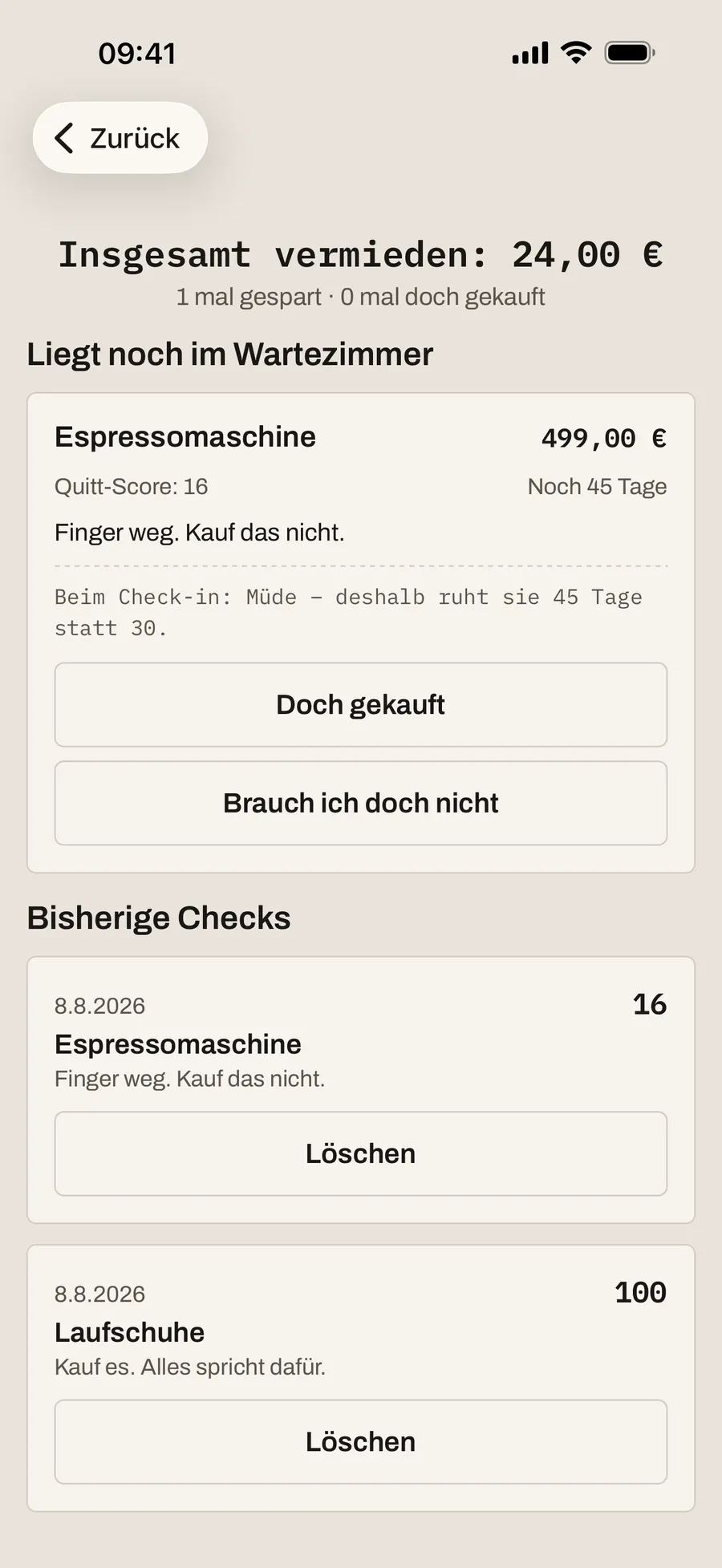 Archivliste mit dem insgesamt vermiedenen Betrag, einer noch ruhenden Entscheidung samt Restlaufzeit und den bisherigen Checks.