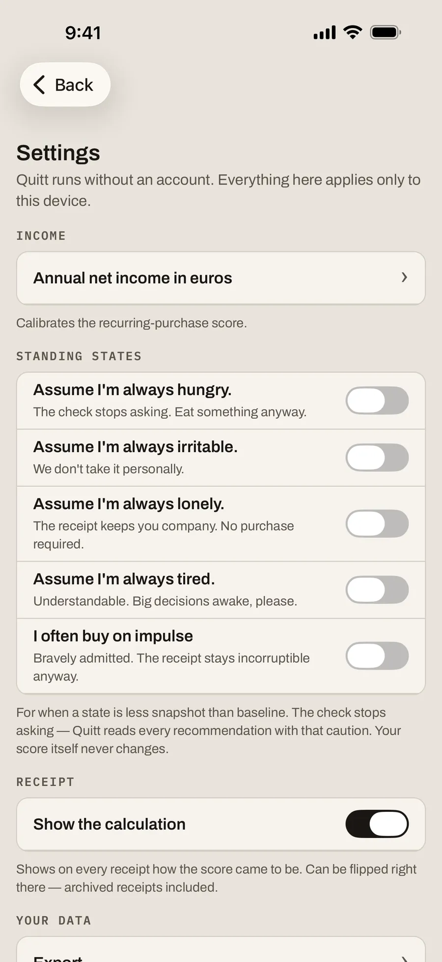Settings with the annual net income field, toggles for standing states and the option to show the calculation on the receipt.