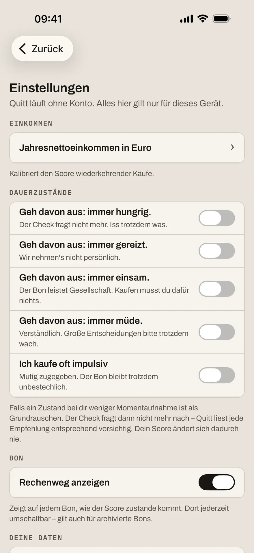Einstellungen mit dem Feld für das Jahresnettoeinkommen, Schaltern für Dauerzustände und der Option, den Rechenweg auf dem Beleg zu zeigen.