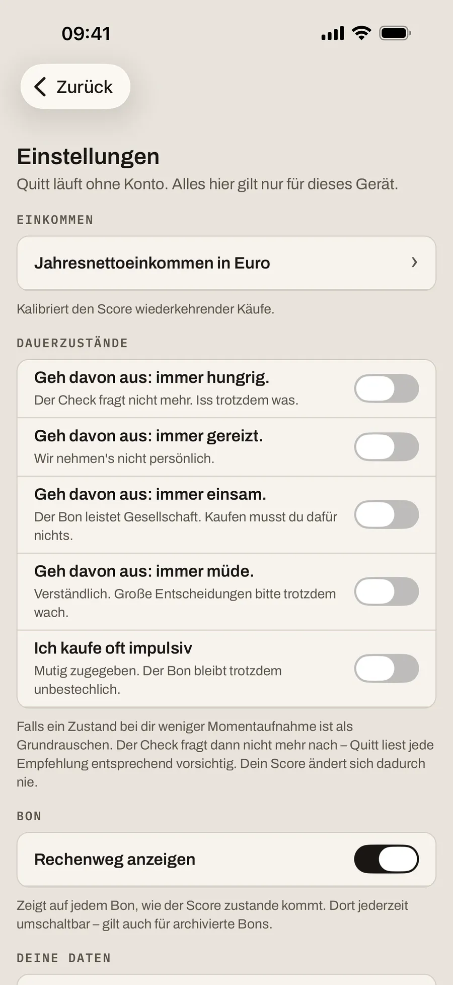 Einstellungen mit dem Feld für das Jahresnettoeinkommen, Schaltern für Dauerzustände und der Option, den Rechenweg auf dem Bon zu zeigen.
